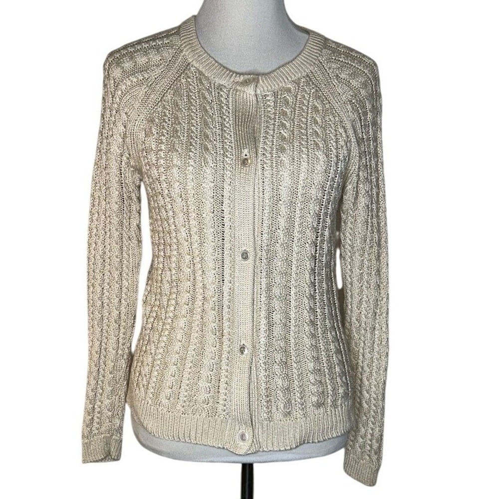 Womens C. K Cream Cable Knit Cardigan Sweater Crew Neck Button Front Long Sleeve
